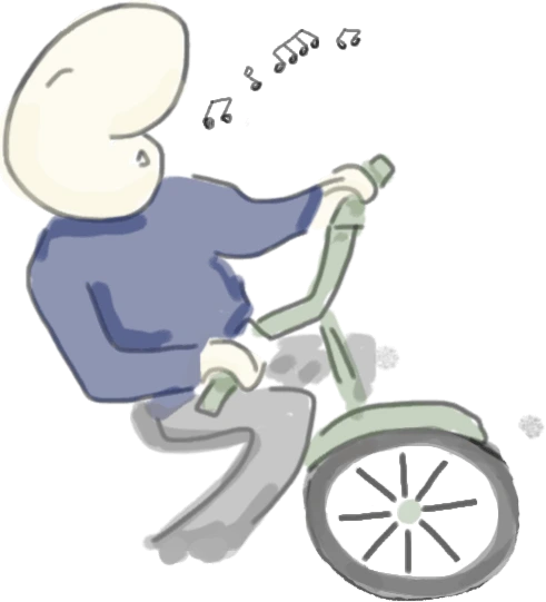 Monsieur Bidule siffle en se promenant à vélo.